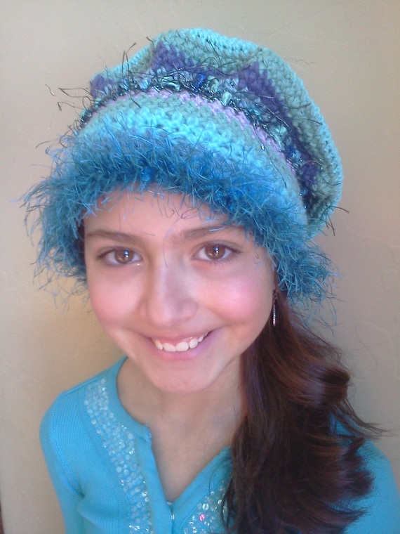 ... crocheted fuzzy turquoise hat for older child or woman, or cancer