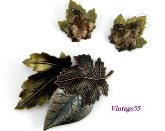 Brooch Set Rustic Leaves Earrings Pierced Post.