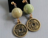 Rustic Green Turquoise Chinese Coin Dangle Earrings     ~Turquoise Earrings~Chinese Coin Earrings~Feng Shui Earrings~Rustic Dangle Earrings