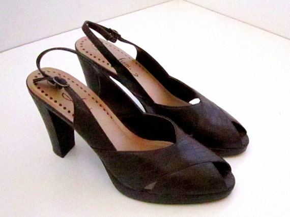 Vintage Heels Brown Faux Reptile Peep Toe High Heel Slingback