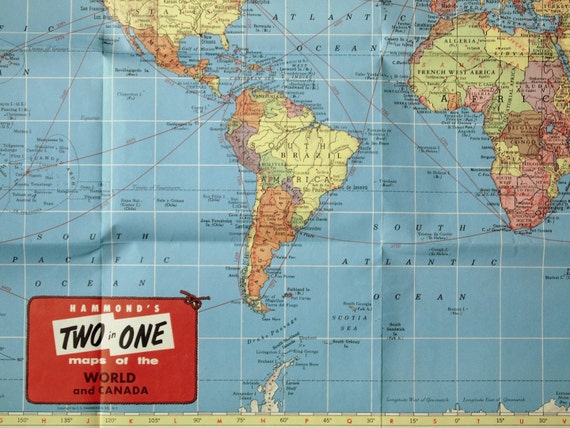 1950s Vintage Brightly Coloured Large Back-to-Back Wall Map of the World / Map of Canada