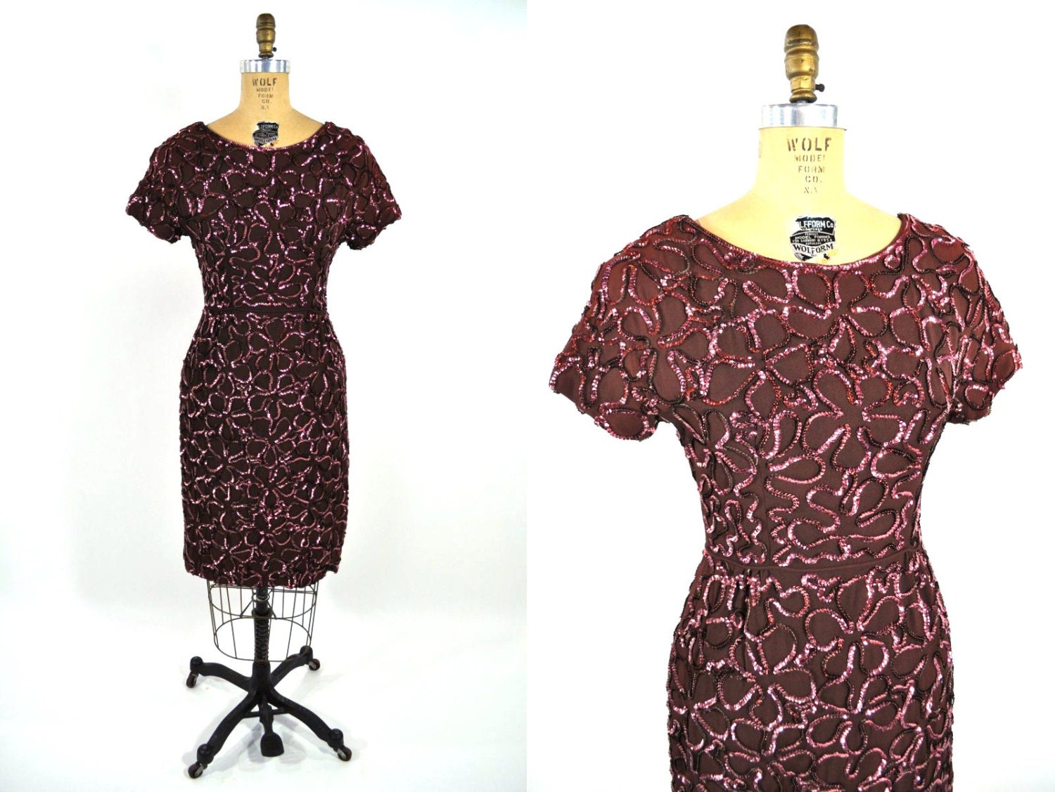1950s sequin dress brown floral sequin formal party sheath
