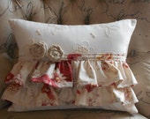 Ruffled Cottage Style Lumbar Decorative Pillow and Fabric Rosettes, Norfolk Rose Fabric with Form, 12 X 16 inches Ruffled Cottage Style Lumbar Decorative Pillow and Fabric Rosettes, Norfolk Rose Fabric with Form, 12 X 16 inches