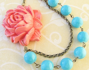 Statement Necklace Bridesmaid Jewelry Coral Necklace Flower Necklace Turquoise Jewelry Bib Necklace