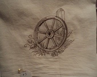 Wooden Wagon Wheel Floursack Dishtowel (kitchen towel, tea towel) machine embroidered