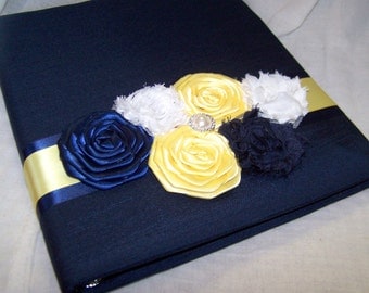 Custom WEDDING GUEST BOOK with Photo Spot - Navy Blue Dupioni Silk, Yellow, White, Modern Shabby, Rosette Flowers