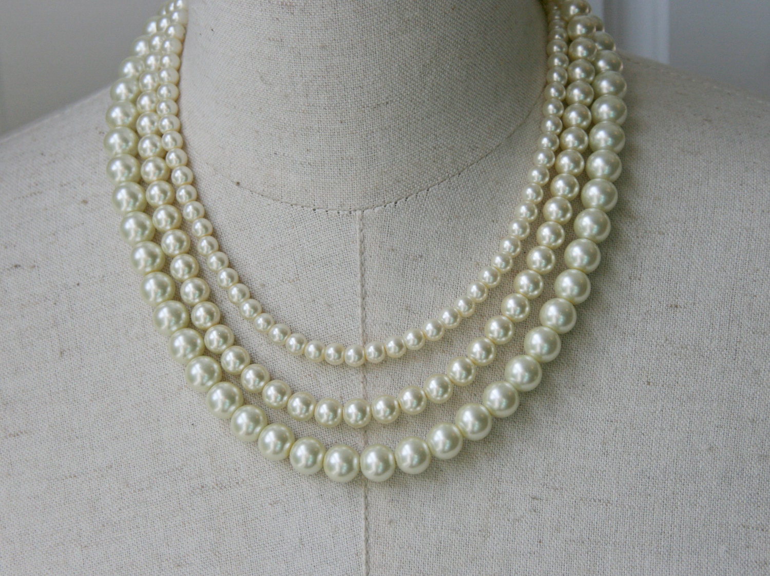 Triple Strand Graduated Layered Pearl Necklace