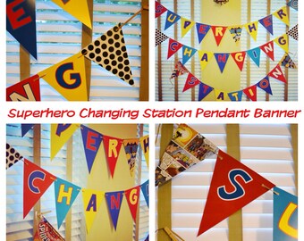Superhero Changing Station SUPERMAN, SPIDERMAN & BATMAN Pow Bam Zap Bright Bold Superhero Custom Birthday Children Pendant Banner