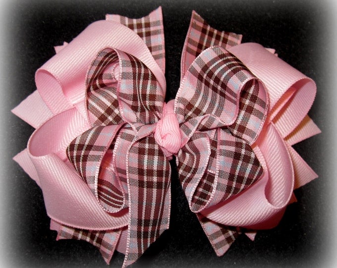 Plaid Hairbow, Pink Plaid Bows, Boutique Hair Bow, School Hairbow, Stacked hairbow, Preppy hairbow, BTS Bows, Triple Boutique Bow, Pink Bow