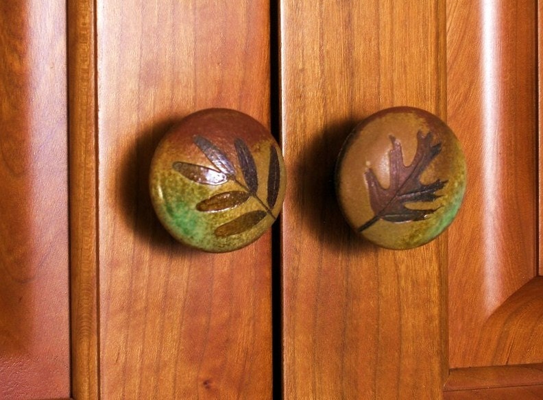 two knobs pulls rustic cabin ceramic botanical