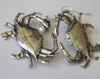 Crab Earrings, Antiqued Silver Dangle Earrings, Maryland Blue Crab, Silver Crab Earrings, Zodiac Jewelry, Cancer, Crustacean