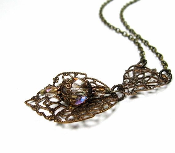 Victorian Style Necklace Vintaj Brass Latte Czech by jewelrybyNaLa