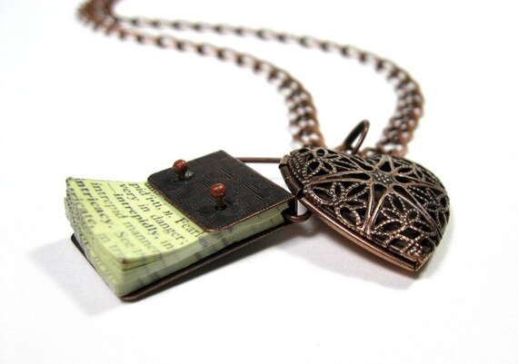 Vintage Style Antique Copper Heart Locket Necklace, Book, Pendant Necklace, Gifts for Readers, Gifts of Love, Filigree Heart, Boho, Romantic