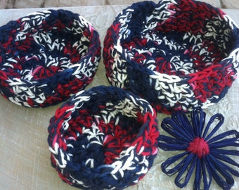 Nesting Bowls, Catchall Bowl, Crochet bowls, Storage, Gift Basket, Red White and Blue