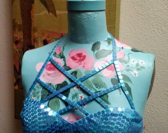 Let It Go /// vtg90's Adrianna Papell Evening Elsa Frozen Cosplay Turquoise Blue Sequin Evening Gown with Criss Cross Bust Detail ////sz p8