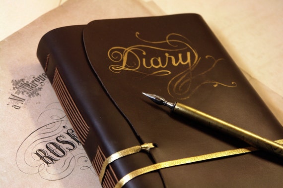 Diary, Leather Journal - Large Brown and Gold Notebook, Vintage Style ...