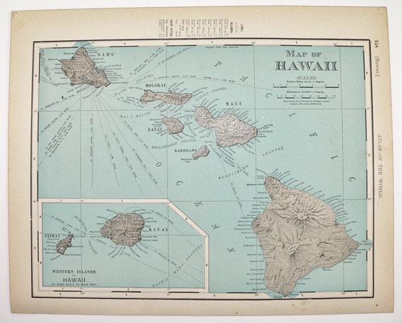 Hawaii 1900 Antique Map Hawaiian Islands Pacific Ocean