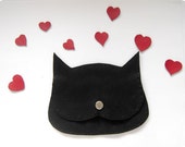 Black leather Cat coin purse, Cat in love little pouch, made to order