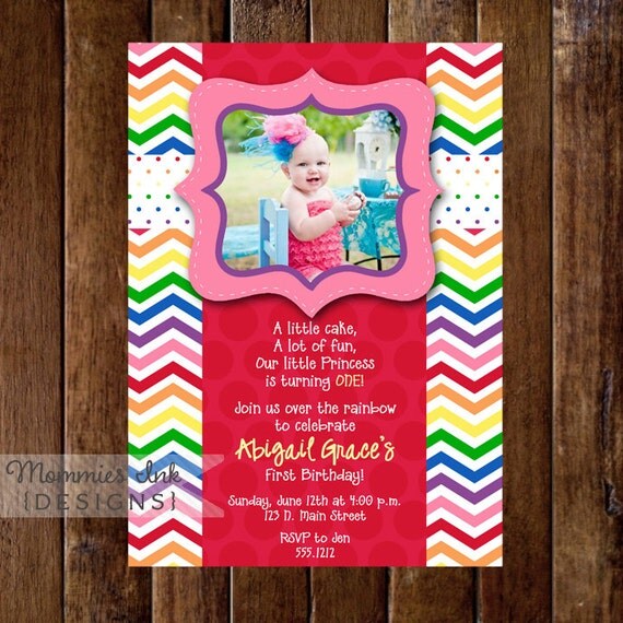 Chevron Rainbow and Polka Dots Photo Birthday Invite - PRINTABLE INVITATION DESIGN Il_570xn