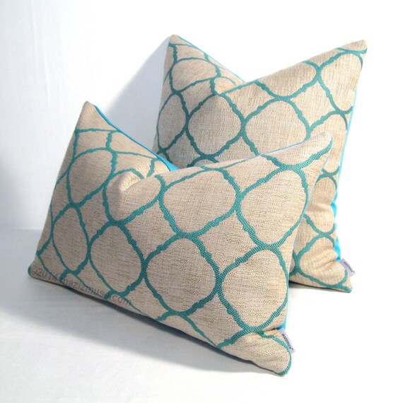 Modern Outdoor Pillow Cover, Turquoise & Beige Geometric, Decorative