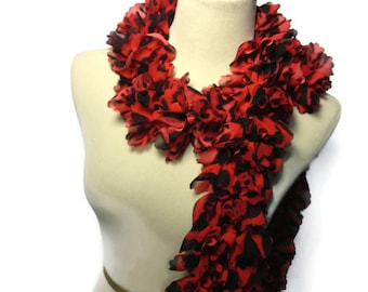 Valentines Day, Red Scarf, Ruffle Scarf, Leopard Scarf, Hand Knit Scarf, Gift For Her, Fashion Accessory, Womens Accessory, Fiber Art,
