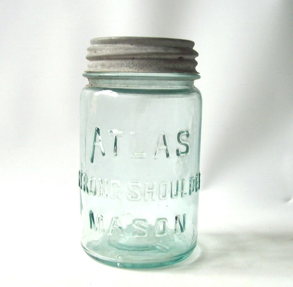 Vintage Blue Atlas Strong Shoulder Mason Glass Jar With Zinc