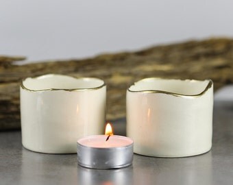 White Ceramic candle holder with gold line, ONE ring holder, handmade pottery for home decor, Minimal Modern Wedding Favor