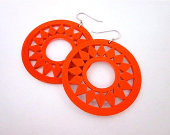 Orange & White Earrings -- Orange Hoops -- Reversible Earrings -- Bright Orange Earrings -- Neon Orange Earrings -- Neon Wood Earrings