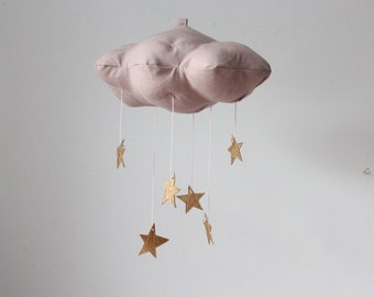 Dusty Pink Gold Star Cloud Mobile- modern fabric sculpture for nursery decor in linen and metallic faux leather- Free US Shipping