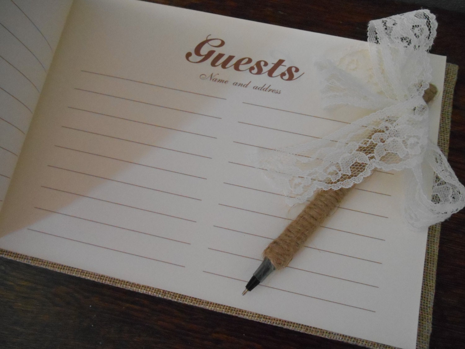 Rustic Wedding Guest Book Burlap Guest Book and Pen SET with