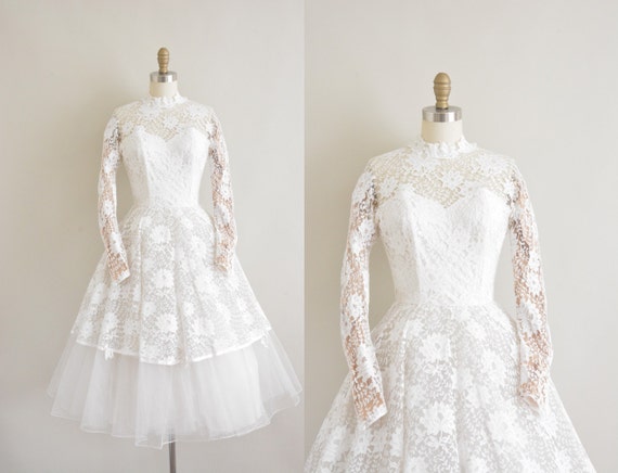 robe de mariée Vintage années 50 / 50 s blanc dentelle thé longueur robe de mariée