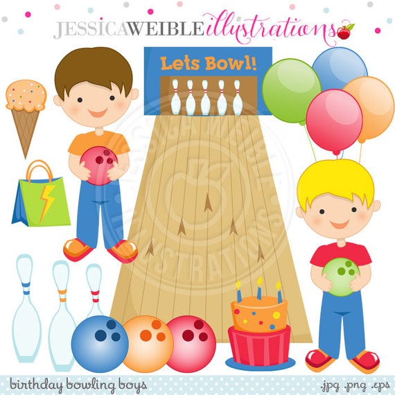 Birthday Bowling Boys Cute Digital Clipart for Card Design, Scrapbooking, and Web Design Il_570xn