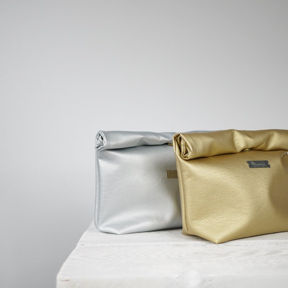 Vegan Leather Lunch Bag, Silver or Gold Lunch Tote