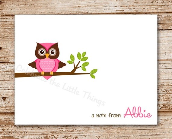 Set of 8 Owl Note Cards, Notecards | Personalized Stationery | Thank You Cards | Pink Owl Il_570xn