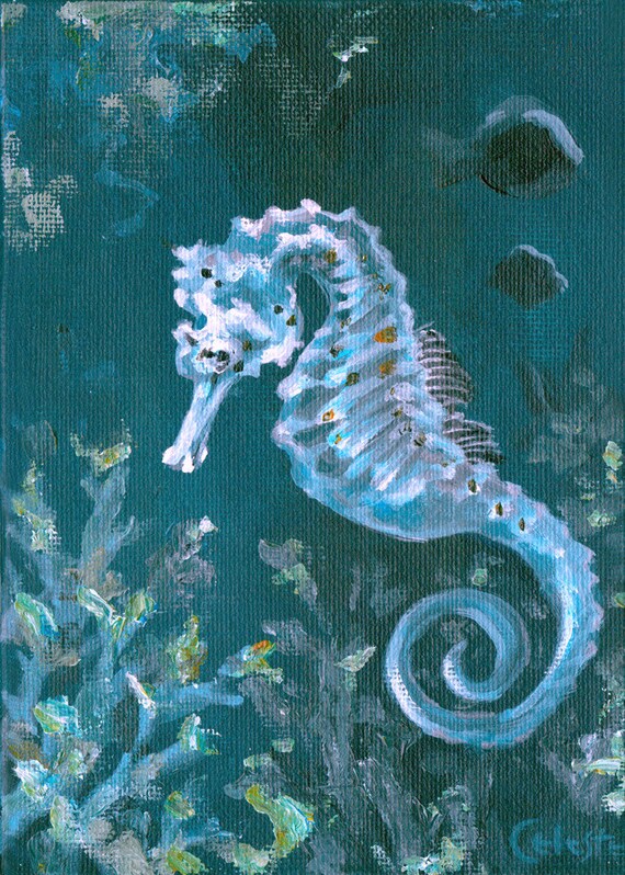 Items Similar To White Seahorse Acrylic Painting - 5x7 Print With Mat ...