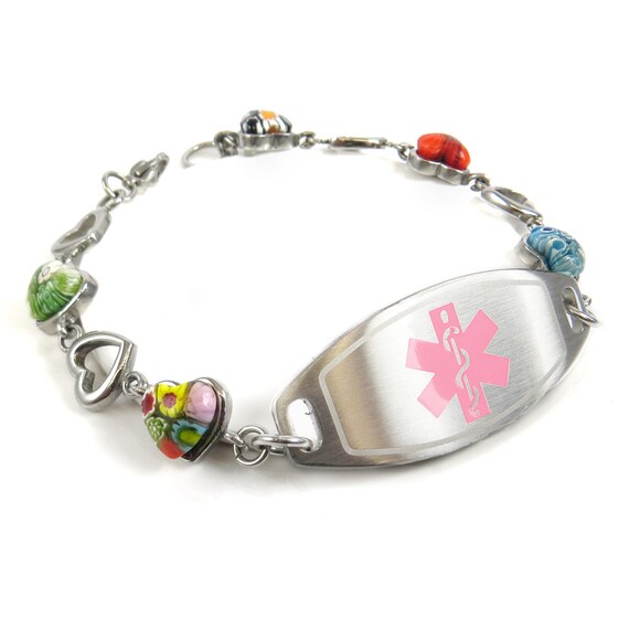 Womens Medical Alert Bracelet Engraved Glass Hearts Pink