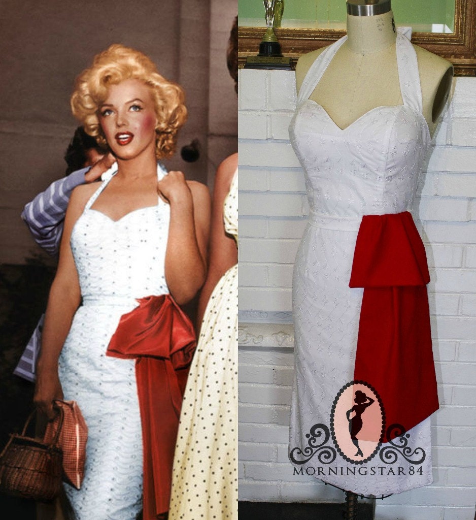 Items similar to Pinup Hand Print Dress-White Eyelet Wiggle Halter with ...