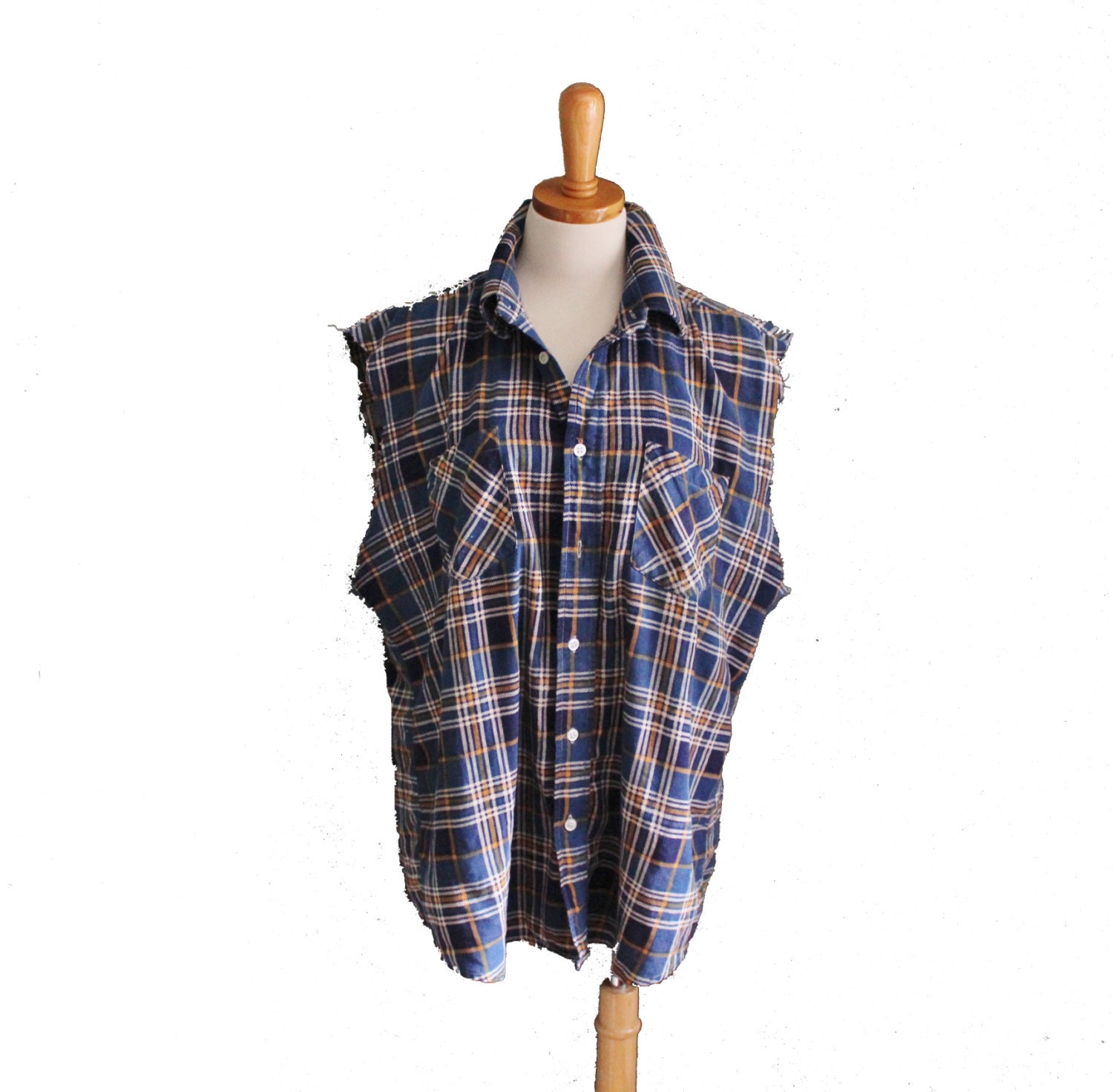 Vintage Cut Off Sleeveless Flannel Shirt Men L Blue Plaid