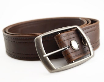 Brown Vegan Belt, Double Stitch, Classic aged vintage look