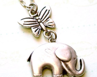 Elephant Necklace,Elephant with Butterfly Necklace, Elephant Jewelry, Everyday Necklace, Lucky Elephant Necklace, Best Friend Necklace