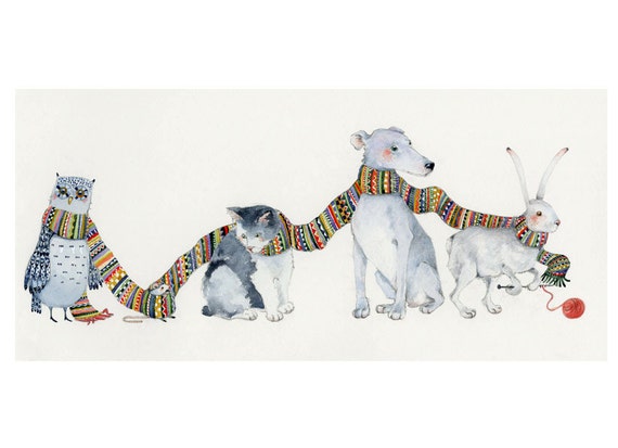 Animal Print Dog, Cat, Mouse, Owl and Hare in Knitted Scarf Print 8x11