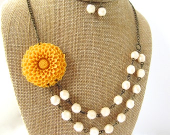 Yellow Bridesmaid Jewelry Set Beaded Flower Necklace Mustard Yellow Wedding Jewelry Double Strand Necklace