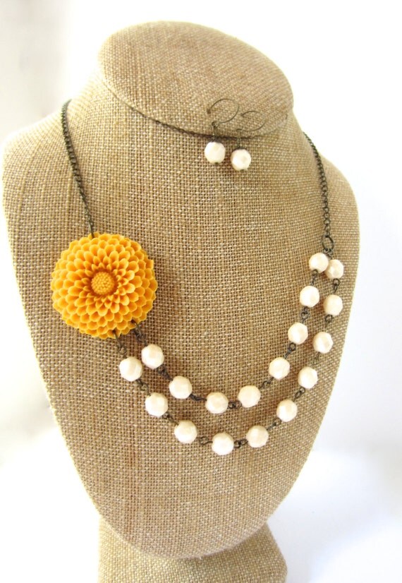 Yellow Bridesmaid Jewelry Set Beaded Flower Necklace Mustard