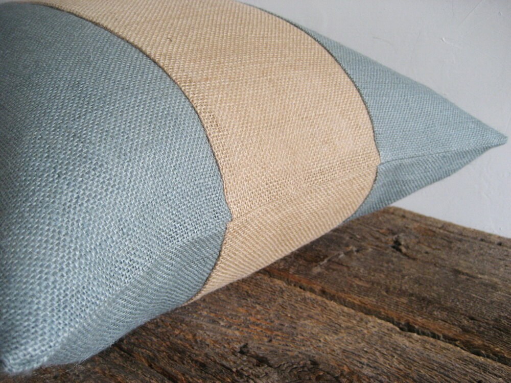 Blue Grey Burlap Pillow Cover Natural Stripe Color Block
