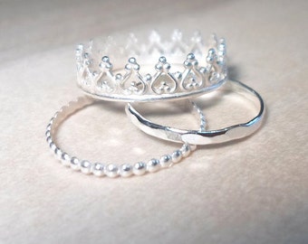 Princess Ring, Crown Ring, Crown Stacking Set, Sterling silver princess ring, silver stacking rings, crown stacking ring, Bridesmaid gift
