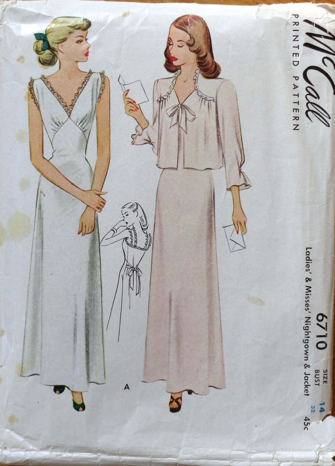40s Nightgown & Bed Jacket Sewing Pattern McCall 6710 Bust 32