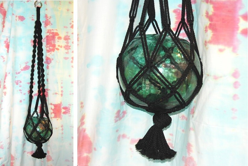 Large Glass Fishing Float with Black Macrame Hanger 54 inches