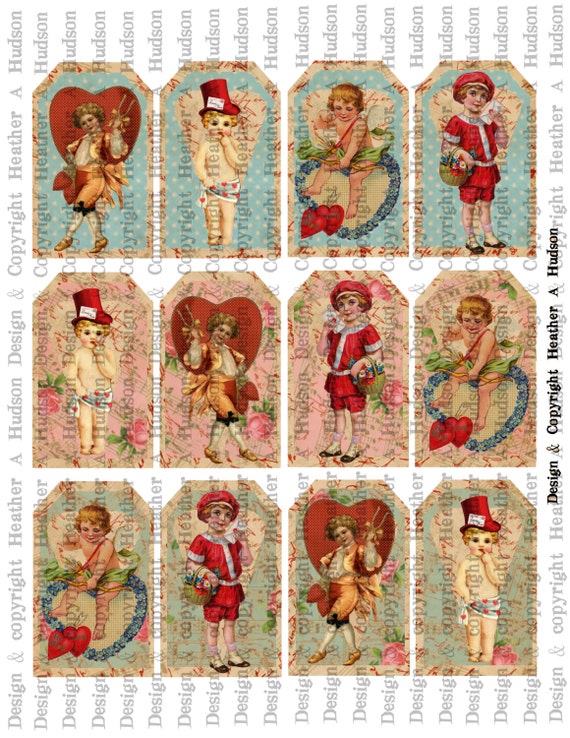 Victorian Vintage Valentine's Shabby Pink, Blue, Blue Green Tags Cupids Digital Collage sheet Printable