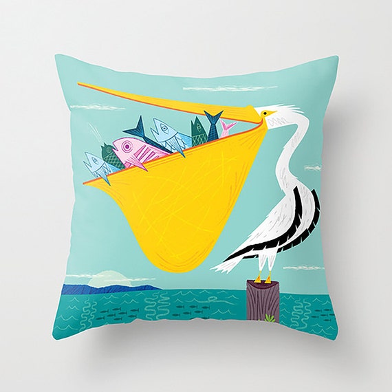 The Greedy Pelican - Children's Throw Pillow / Cushion Cover (16" x 16") - iOTA iLLUSTRATION