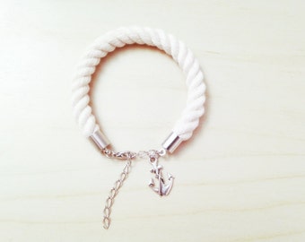 Silver SAILORETTE Nautical Rope Bracelet with Metal Anchor Charm - Beach Wedding Gift - Bridesmaid Gift - Cotton Anniversary Gift